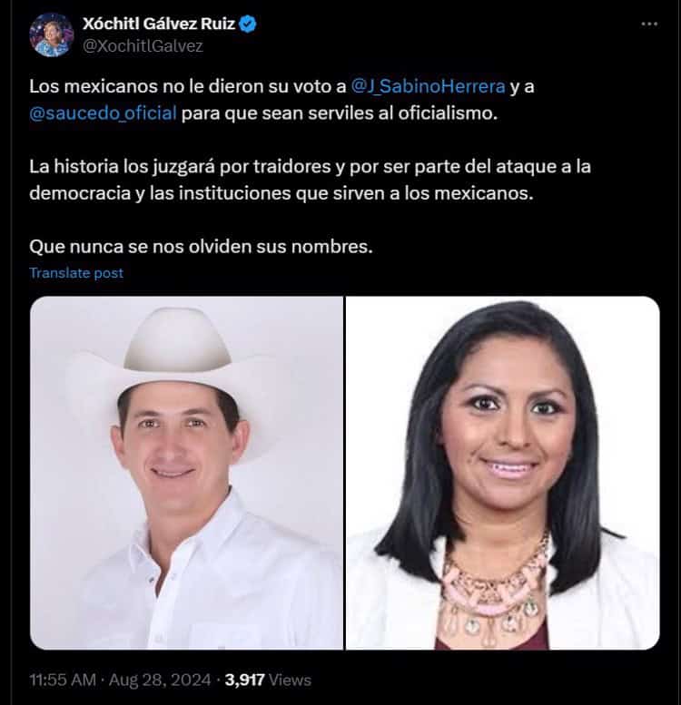 Historia los juzgará por traidores: Xóchitl sobre Chavo Herrera y Araceli Saucedo