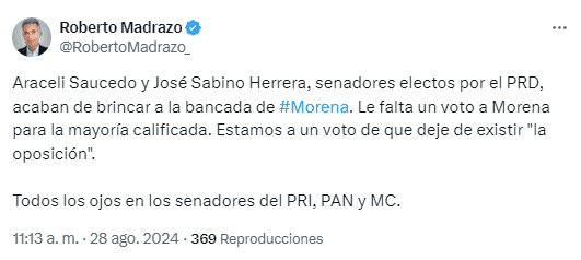 "Estamos a un voto de que deje de existir la oposición: Madrazo