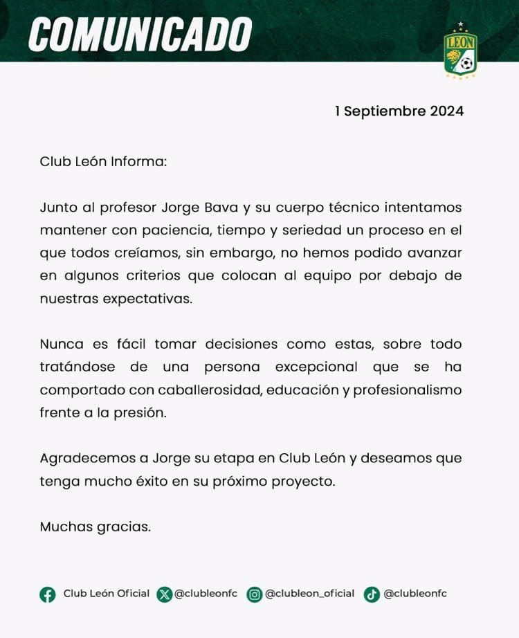 Jorge Bava deja de ser entrenador del León tras malos resultados