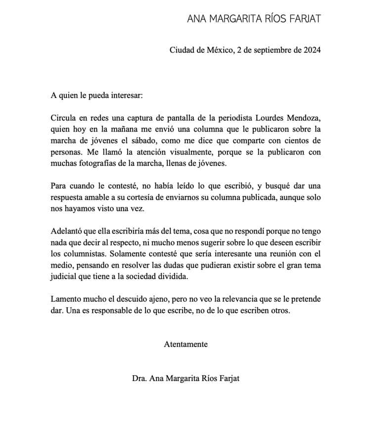 Lamento el descuido ajeno: Ministra Ríos Farjat tras filtración de conversación con periodista