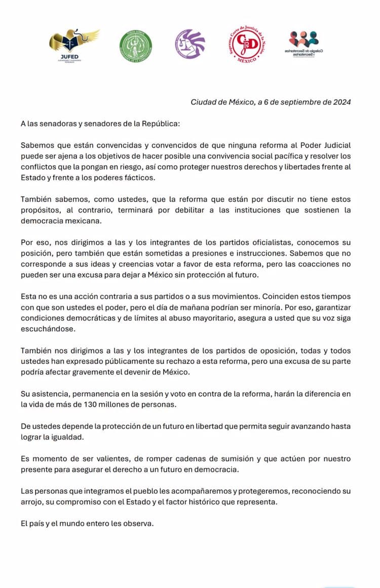 Llaman trabajadores del PJF a senadores a romper "cadenas de sumisión"