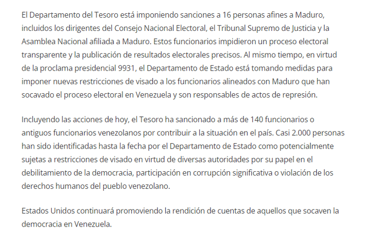 Sanciona EE.UU. a 16 funcionarios de Maduro, entre ellos integrantes del Consejo Electoral y Tribunal Supremo