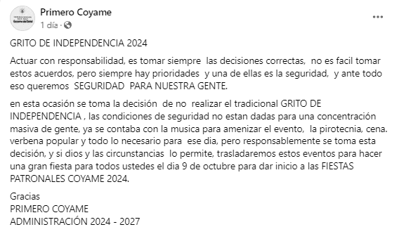 Dos municipios de Chihuahua suspenden Grito de Independencia, por inseguridad