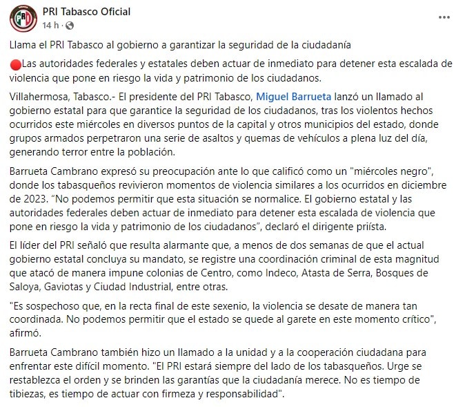 Llama el PRI Tabasco al gobierno a garantizar la seguridad de la ciudadanía