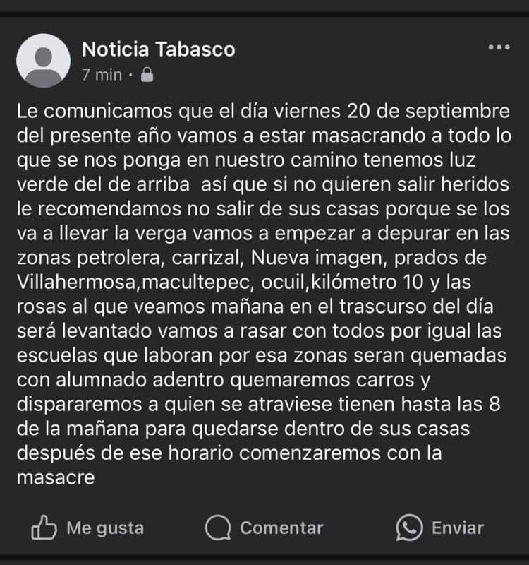 Circula en redes publicación que advierte de presuntos actos delictivos para hoy viernes