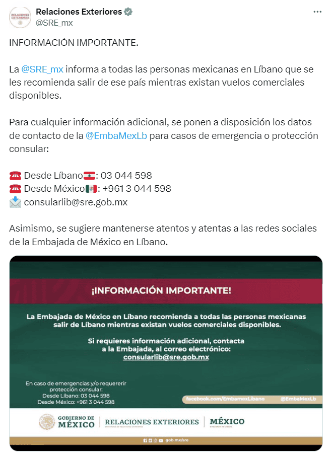 SRE llama a mexicanos salir del Líbano tras conflicto con Israel