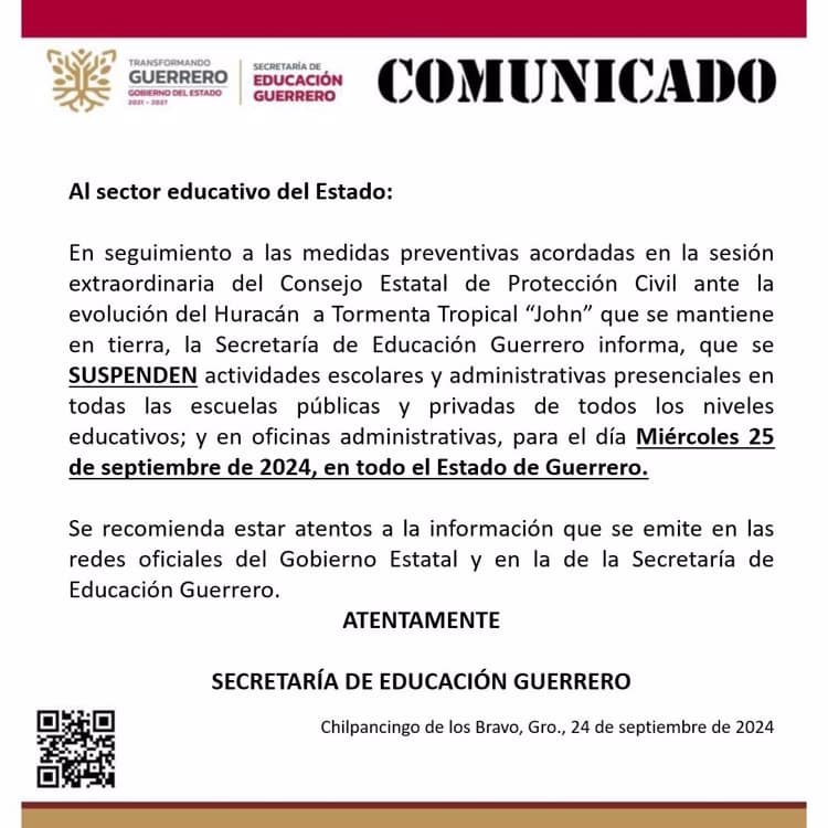 Continúa suspensión de clases en Guerrero por ´John´