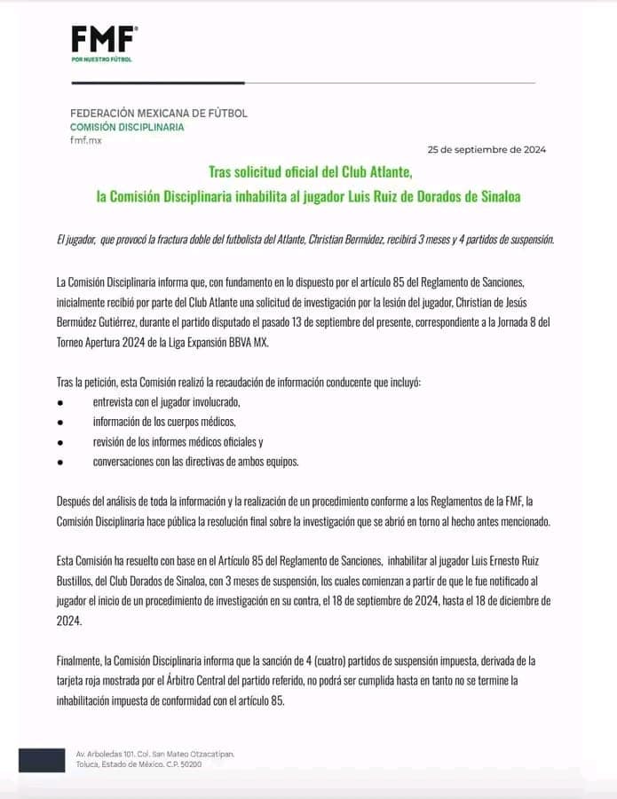 Comisión Disciplinaria inhabilita 3 meses y 4 partidos a jugador que fracturó al ´Hobbit´ Bermúdez