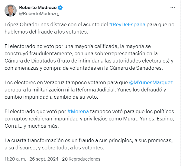 AMLO busca distraer para que no se hable de suma de Yunes Márquez a favor de Morena: Madrazo