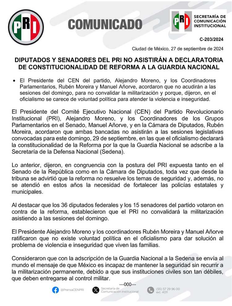 Diputados y senadores del PRI no asistirán a declaratoria que traslada la GN a la Sedena