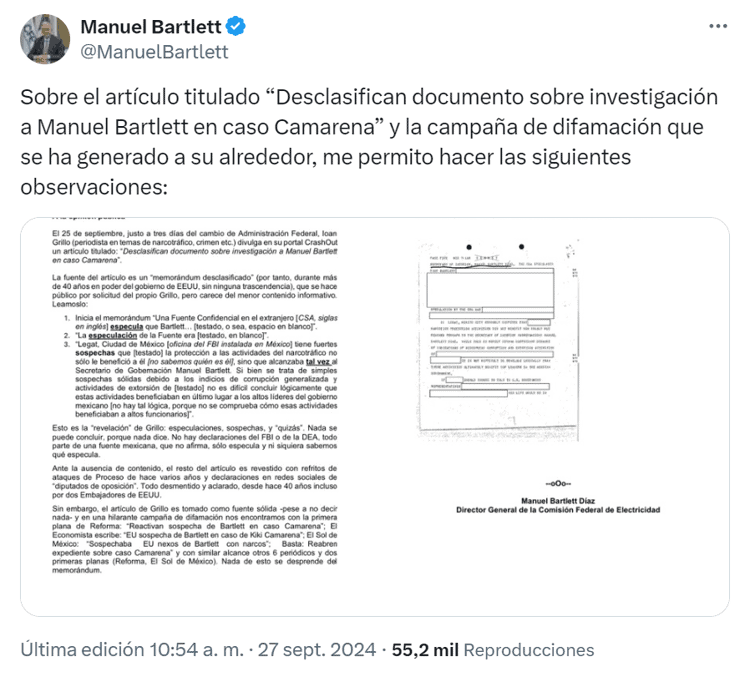 "Una vulgar campaña": Bartlett se defiende sobre caso Kiki Camarena