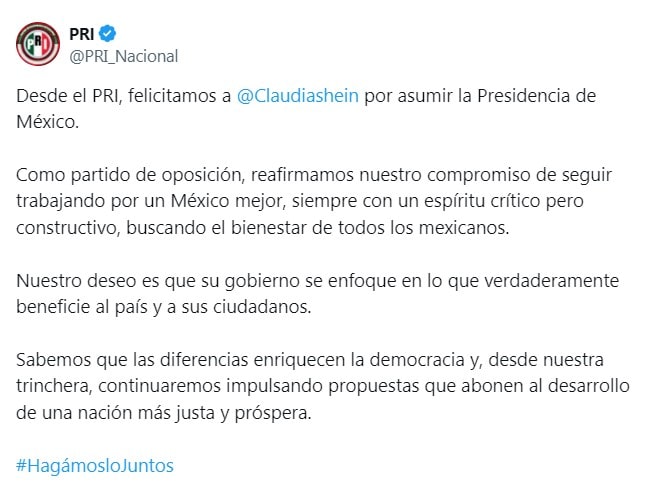 PRI felicita a Sheinbaum al asumir presidencia y pide se enfoque en lo que verdaderamente beneficie a México 