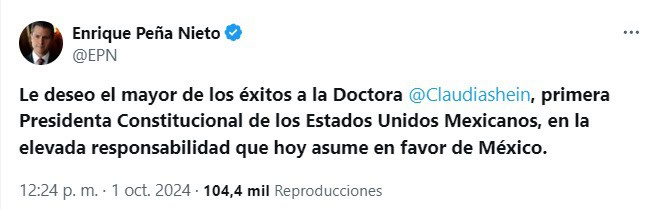 "Que gobierne para todos": Peña y Calderón envían mensaje a Sheinbaum