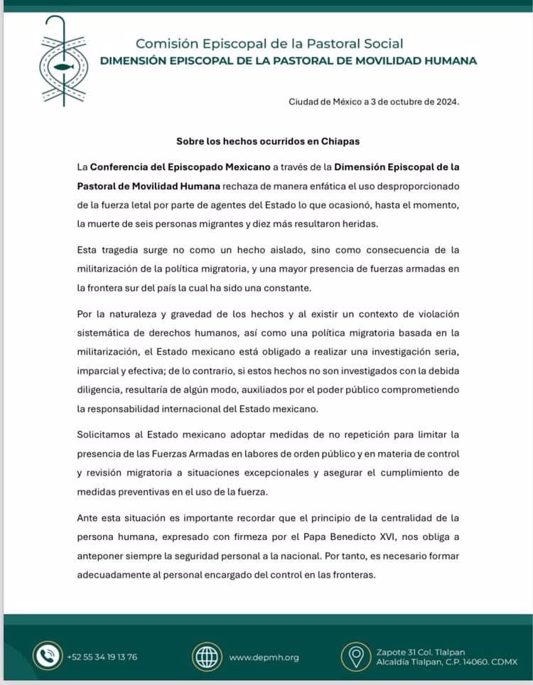 Rechaza Episcopado Mexicano uso desproporcionado de fuerza letal contra migrantes, tras hechos en Chiapas