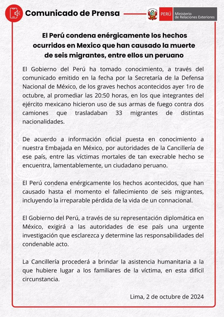 Perú exige a gobierno de México esclarecer asesinato de compatriota a manos de soldados en Chiapas