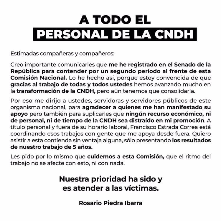 Se registra Rosario Piedra para reelegirse en la CNDH