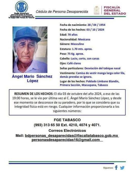 Buscan a don Ángel Mario de 70 años desaparecido en Macuspana