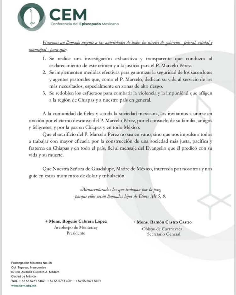 Justicia para el Padre Marcelo y seguridad para todos los sacerdotes: Obispos de México