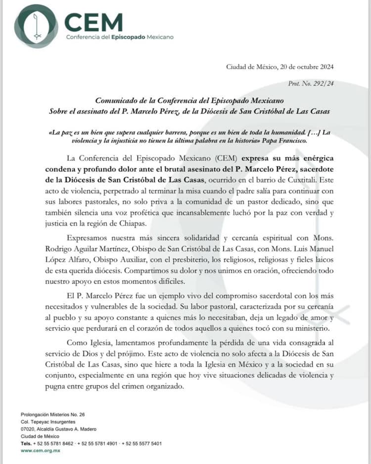 Justicia para el Padre Marcelo y seguridad para todos los sacerdotes: Obispos de México