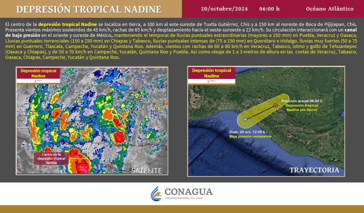 Se degrada "Nadine" a depresión tropical; mantiene su dirección hacia Chiapas con lluvias superiores a 250 mm