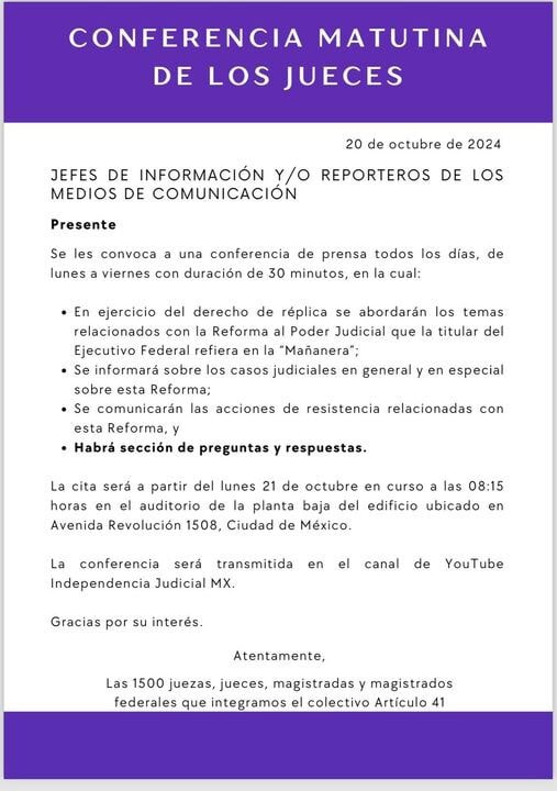 Jueces y magistrados tendrán su propia conferencia matutina diaria, anuncian