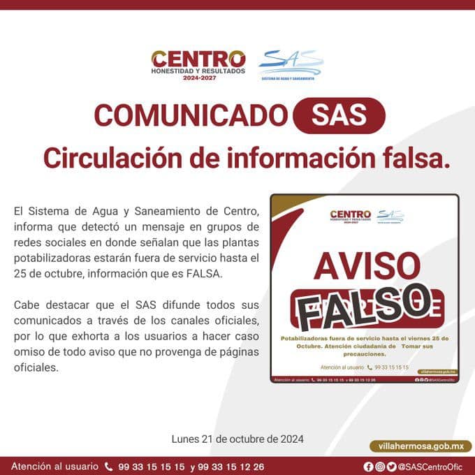 ¡Falso! Desmiente SAS comunicado sobre operación de potabilizadoras