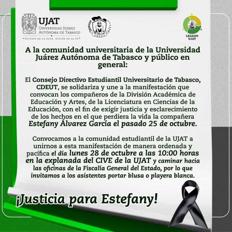 Convocan estudiantes de la UJAT a marcha para pedir justicia por Estefany, alumna atacada a balazo en gimnasio en Anacleto Canabal