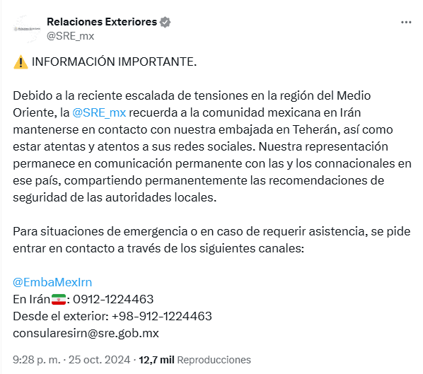 Lanza SRE recomendaciones a mexicanos en Irán ante escalada bélica