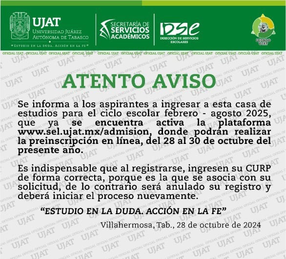 Hoy inicia proceso de admisión febrero-agosto 2025 de la UJAT