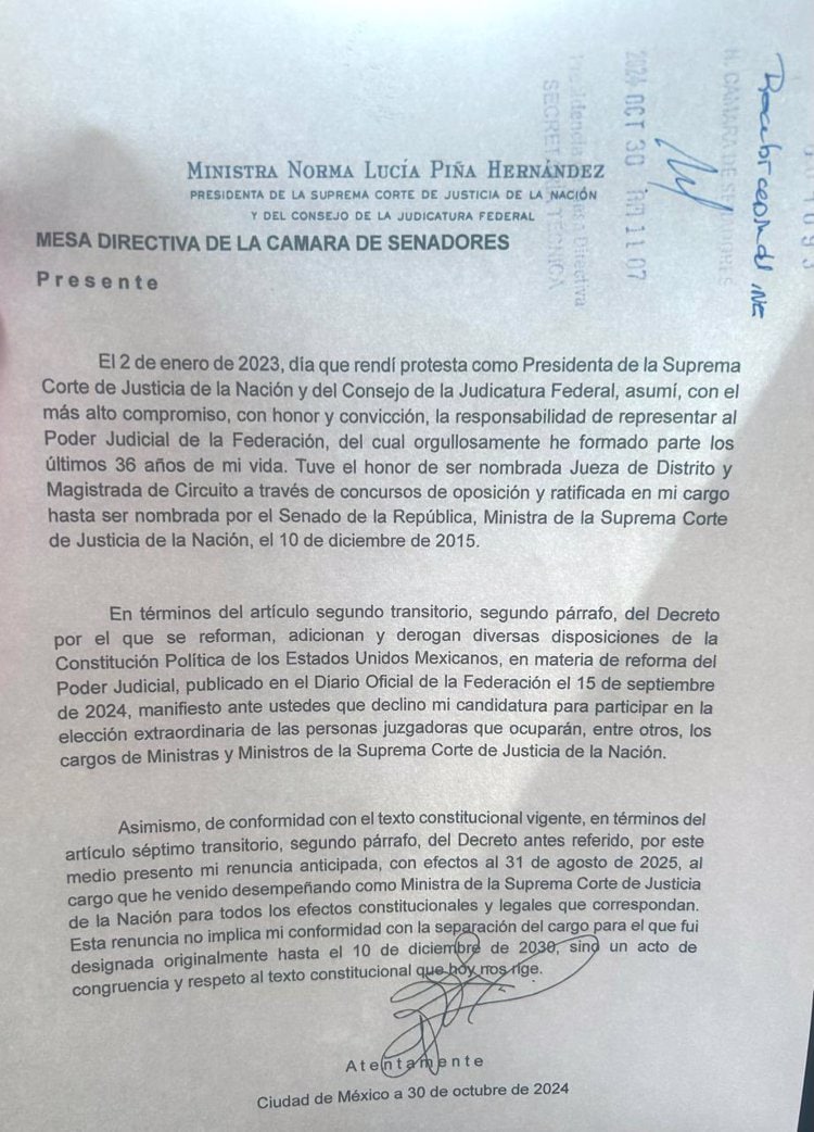 Renuncia a presidencia de SCJN es por "congruencia y respeto" a Constitución: Norma Piña