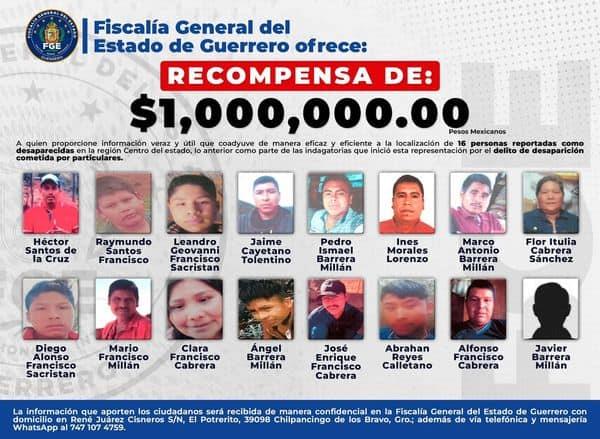 Fiscalía de Guerrero ofrece 1 mdp por información para localizar a 16 comerciantes desaparecidos