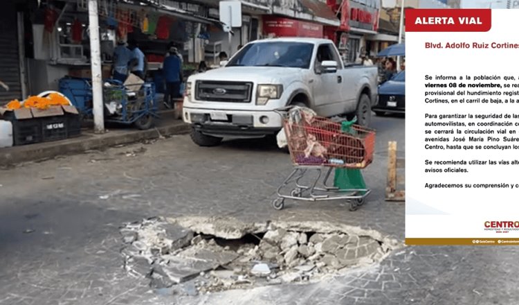 Este viernes inician reparación de hundimiento en Ruiz Cortines a la altura del Puente Grijalva I