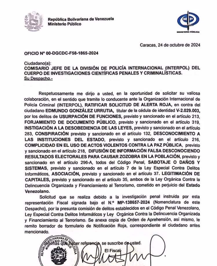 Venezuela pide a Interpol orden de captura contra González Urrutia por "usurpación de funciones"