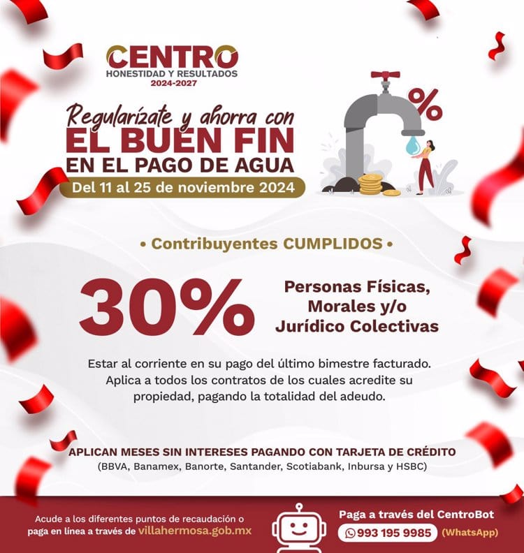 Aplicará Centro incentivos del 10 al 100% en predial y agua potable durante "Buen Fin"