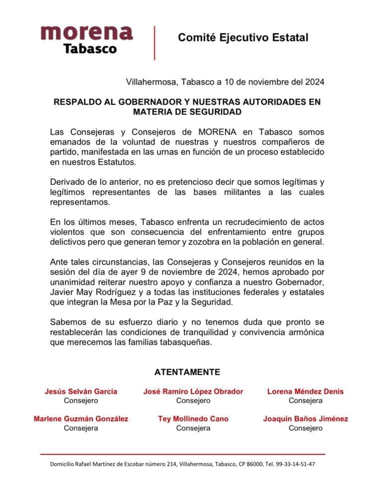 Respalda Morena Tabasco estrategia del gobierno para pacificar el Estado