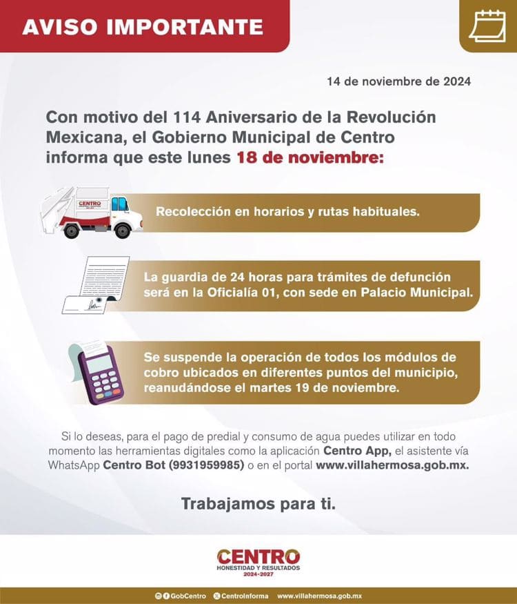 Informa Centro suspensión de actividades el próximo lunes 18 de noviembre