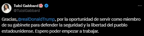 Trump nombra a Tulsi Gabbard, como directora de Inteligencia Nacional