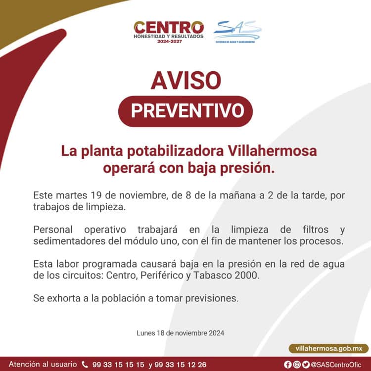 Por trabajos de limpieza, planta Villahermosa operará este martes con baja presión