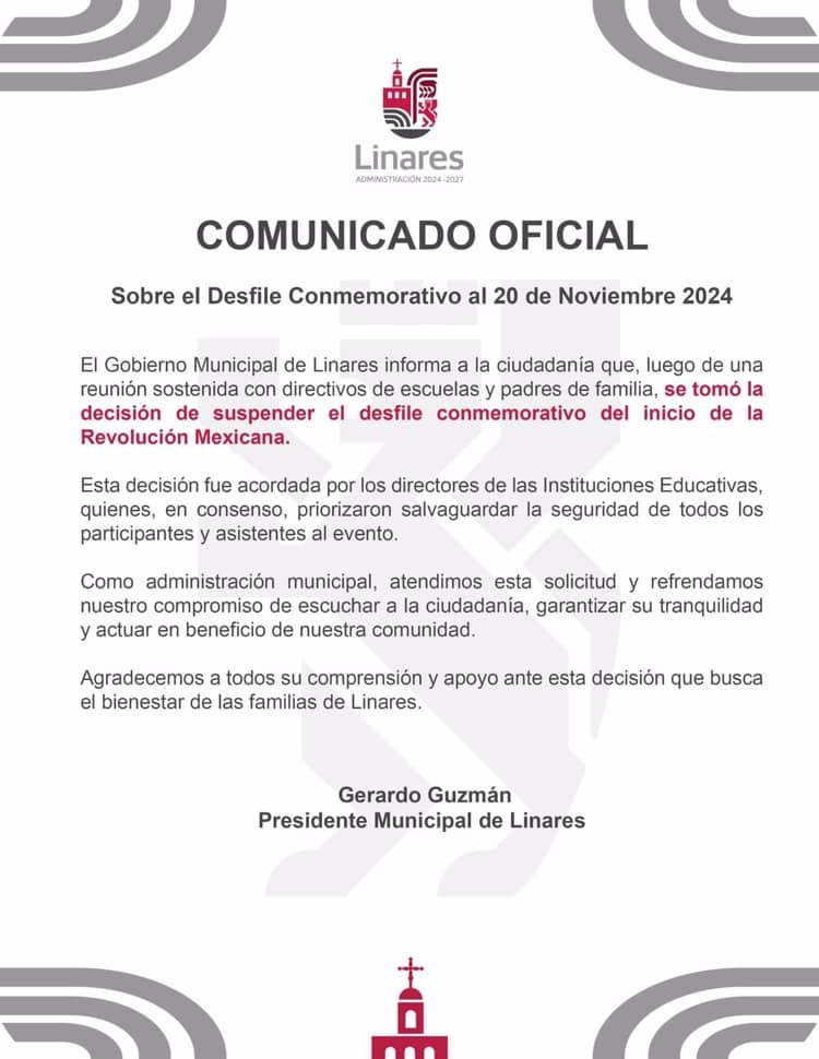 Por inseguridad suspenden desfile del 20 de noviembre en Linares