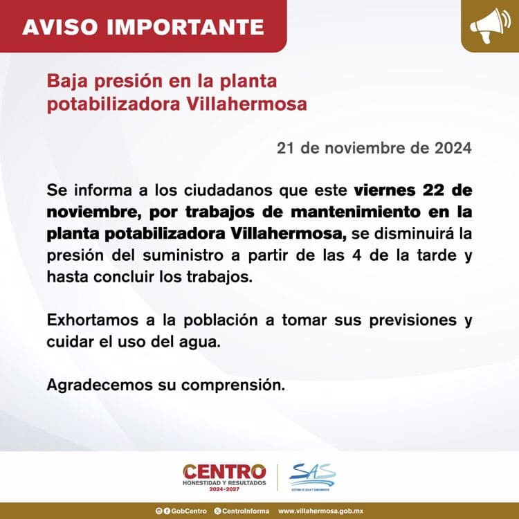 Anuncia SAS baja presión en la Planta Villahermosa para hoy viernes