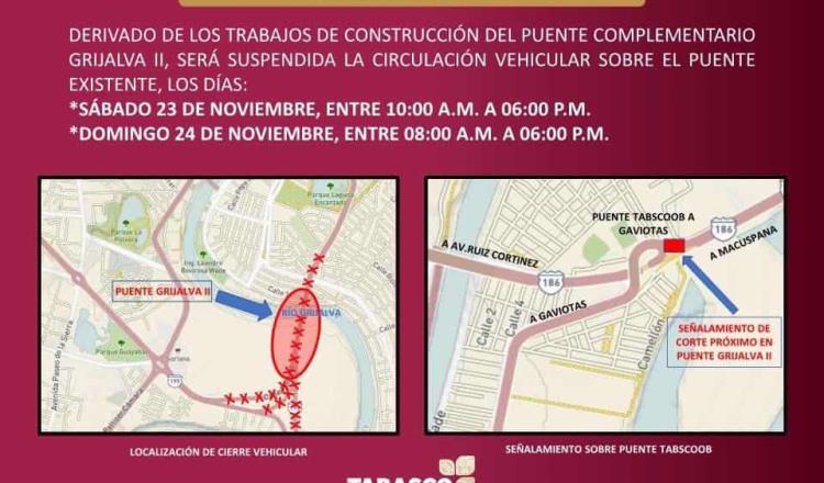 Cierran paso vehicular en el puente Grijalva II para hoy y mañana domingo