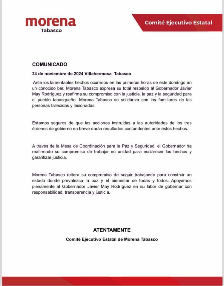 Morena Tabasco da su total respaldo a May; acciones de seguridad "en breve darán resultados", dice