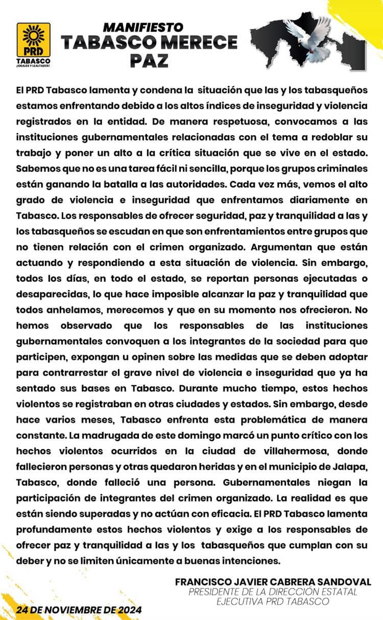 "Grupos criminales están ganando la batalla a las autoridades": PRD Tabasco condena atentado en bar