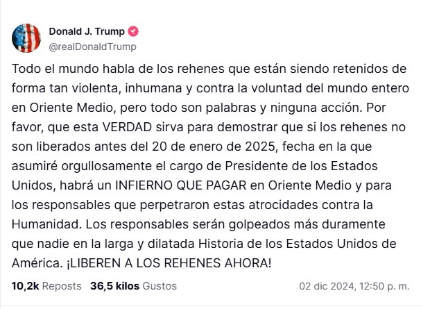 Advierte Trump un infierno en Medio Oriente si no liberan rehenes