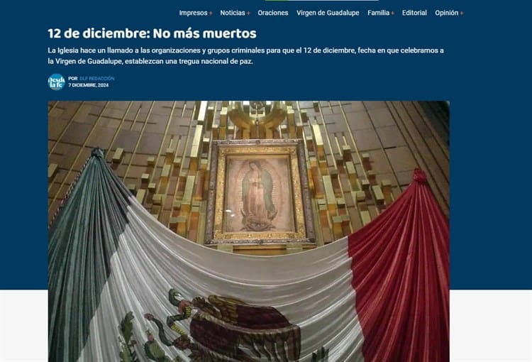 Iglesia pide "tregua nacional" a cárteles para celebrar a la Guadalupana