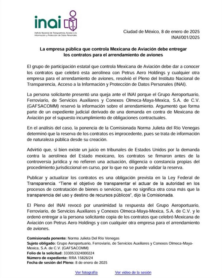 Ordenan a Mexicana entregar contratos para arrendamiento de aviones