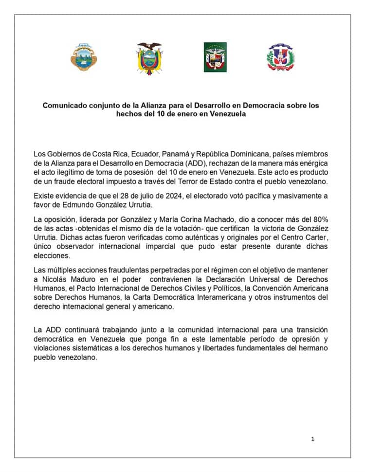 Ecuador, Panamá, Costa Rica y Dominicana califican de "acto ilegítimo" toma de protesta de Maduro