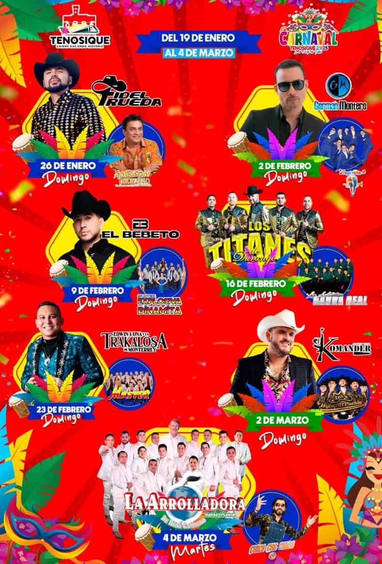 El Komander y La Arrolladora Banda El Limón, dentro de cartelera del Carnaval de Tenosique 2025