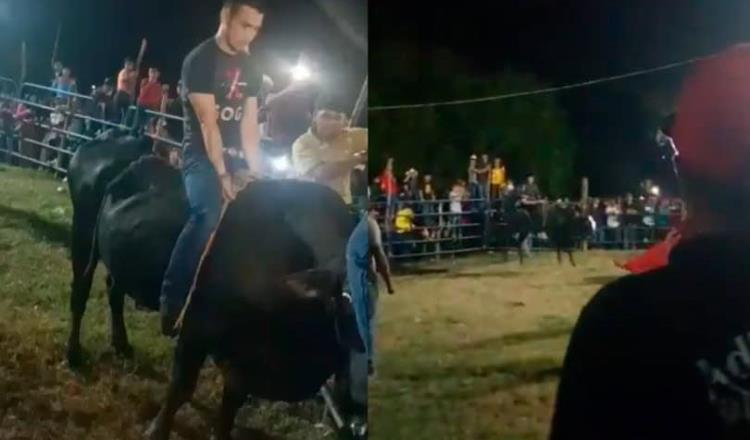 Joven es "noqueado" montando un toro en la feria Pomposú, Jalpa de Méndez